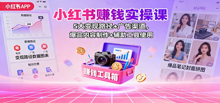 小红书赚钱实操课：5大变现路径+广告渠道，爆品内容制作+辅助工具使用-玖易创客