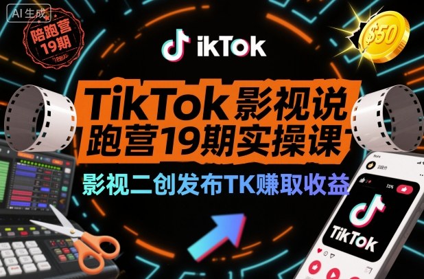 TikTok影视解说陪跑营19期实操课，影视二创发布TK賺取收益，万播收益50美金-玖易创客