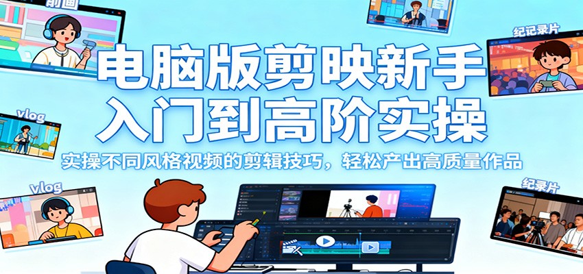 电脑版剪映新手入门到高阶实操，实操不同风格视频的剪辑技巧，轻松产出高质量作品-玖易创客