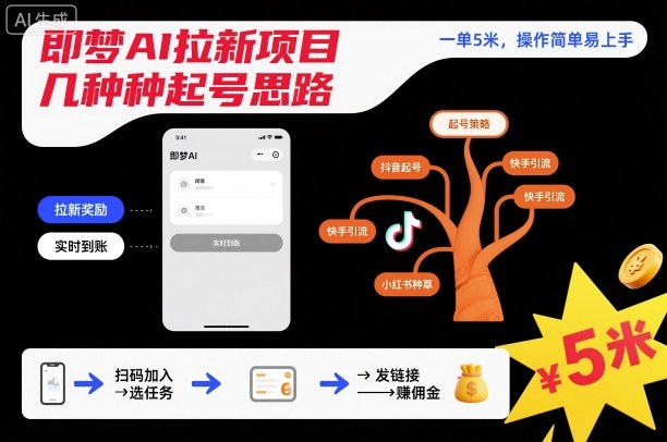 即梦AI拉新项目几种起号思路，一单5米，操作简单易上手-玖易创客