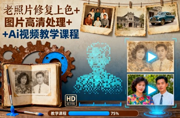 老照片修复上色+图片高清处理+Ai视频教学课程-玖易创客