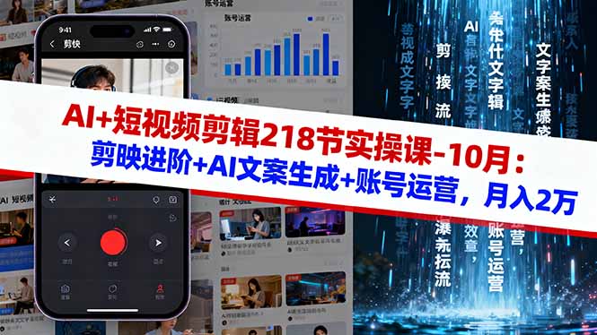 AI+短视频剪辑218节实操课-10月：剪映进阶+AI文案生成+账号运营，月入2万-玖易创客