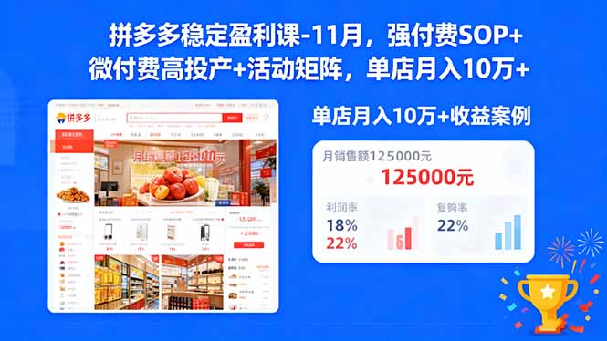 拼多多稳定盈利课-11月，强付费SOP+微付费高投产+活动矩阵，单店月入10万+-玖易创客