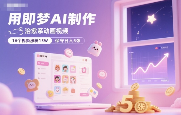 用即梦AI制作治愈系动画视频,16个视频涨粉13W,保守日入5张-玖易创客
