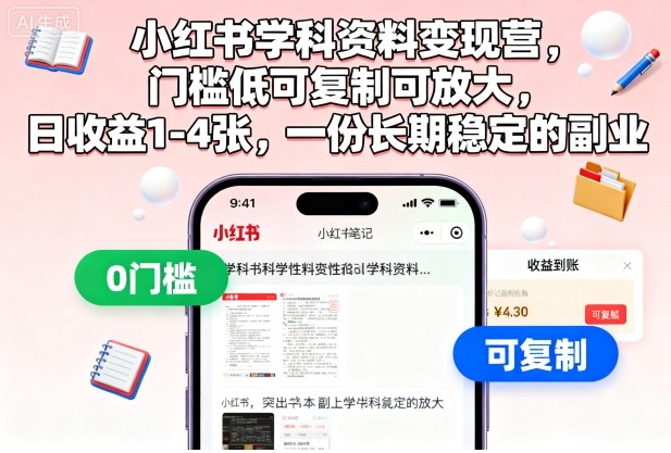 小红书学科资料变现营，门槛低可复制可放大，日收益1-4张，一份长期稳定的副业-玖易创客