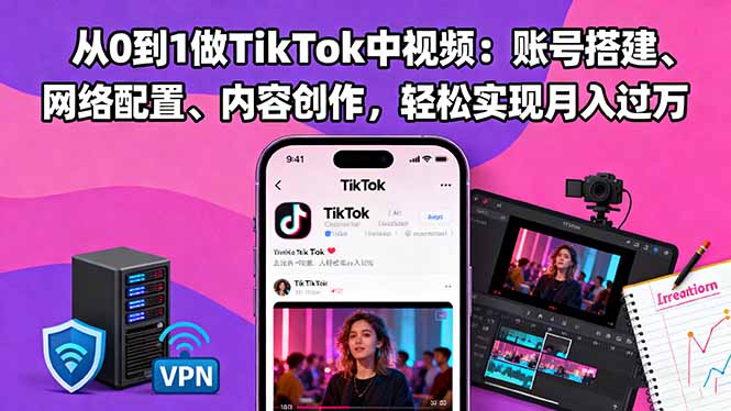 从0到1做TikTok中视频：账号搭建、网络配置、内容创作，轻松实现月入过万-玖易创客