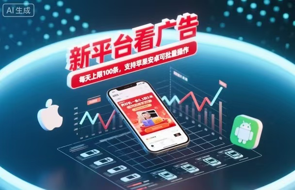新台看广告，养好机一条5毛到5块，单机日入30到100，支持苹果安卓，可批量操作。-玖易创客