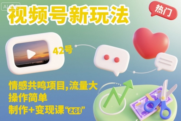 视频号新玩法，情感共鸣项目，流量大，操作简单，制作+变现课-玖易创客
