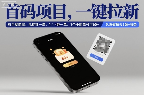首码项目，一键拉新，有手就能做，几秒钟一单，1个小时单号可60+，认真做每天5张+收益【揭秘】-玖易创客