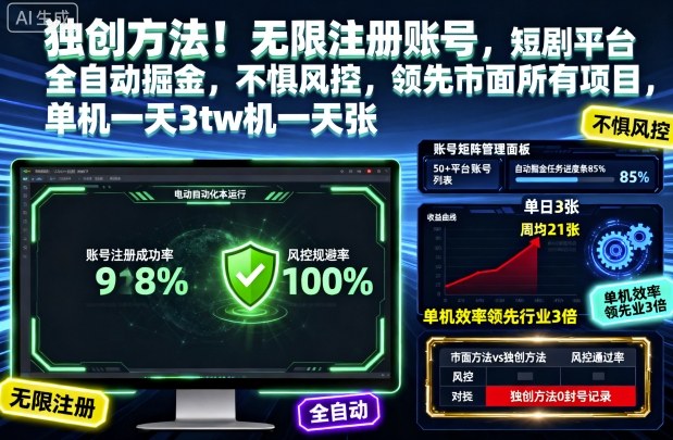独创方法！无限注册账号，短剧平台全自动掘金，不惧风控，领先市面所有项目，单机一天3张【揭秘】-玖易创客